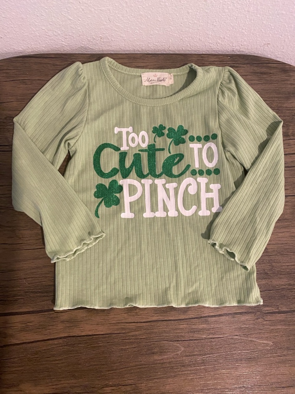Kids' Light Green 'Too Cute to Pinch' Ribbed Long Sleeve Top